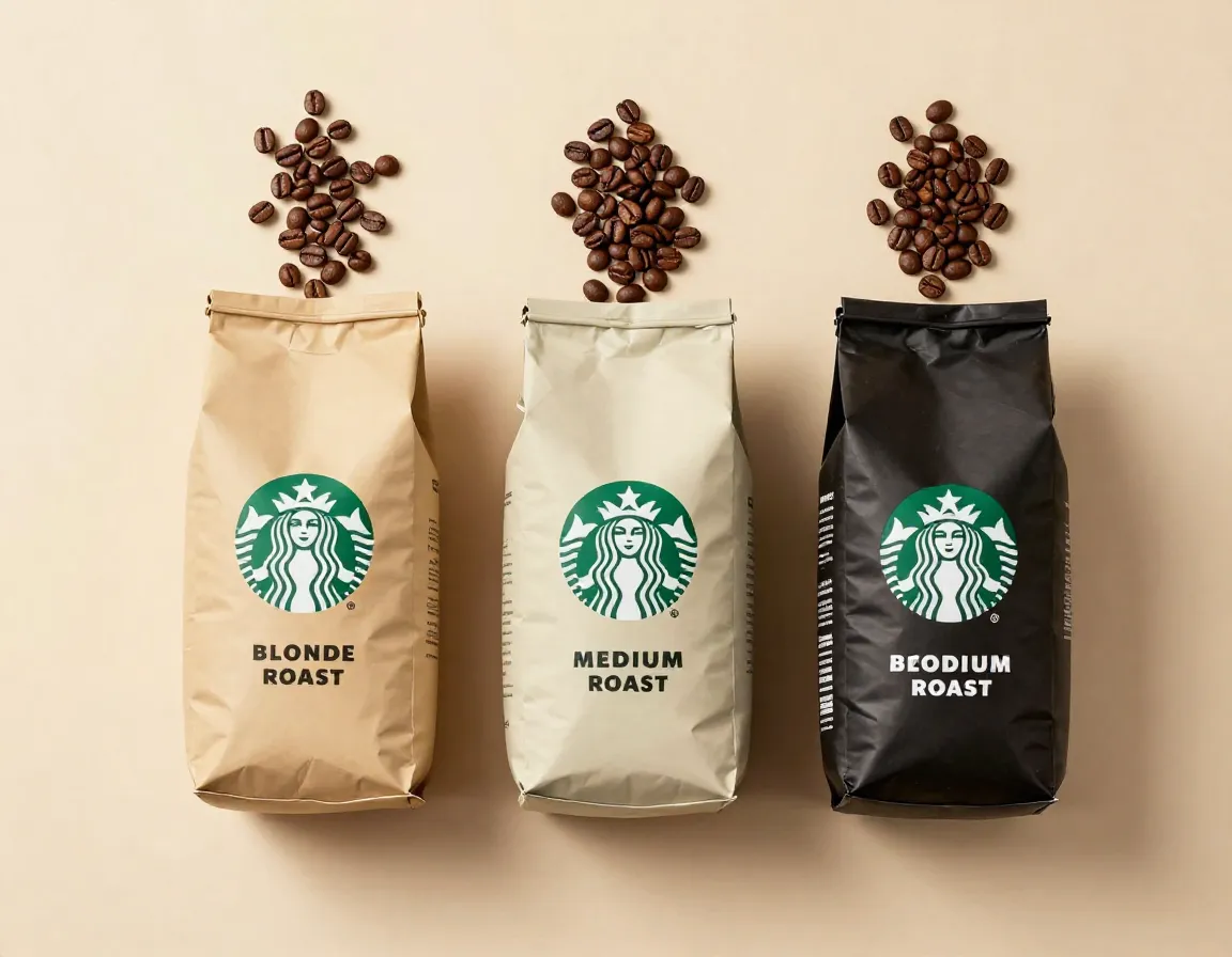 Three coffee roast bags blonde medium dark showing caffeine contrast