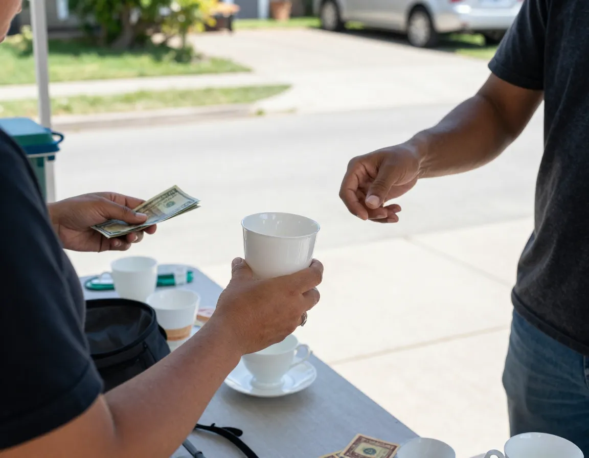 Garage sale transaction for vintage milk glass teacup
