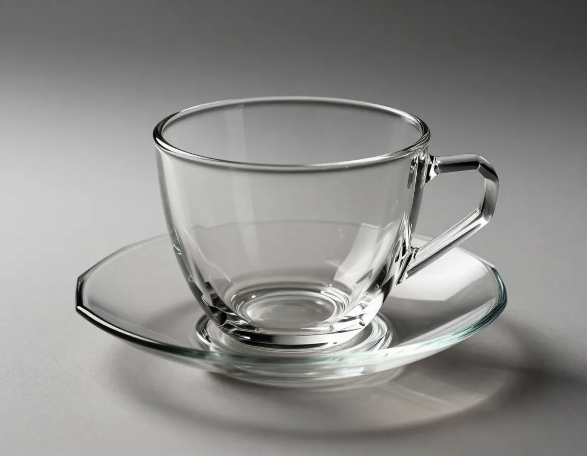 Modern geometric glass teacup with faceted surface on saucer