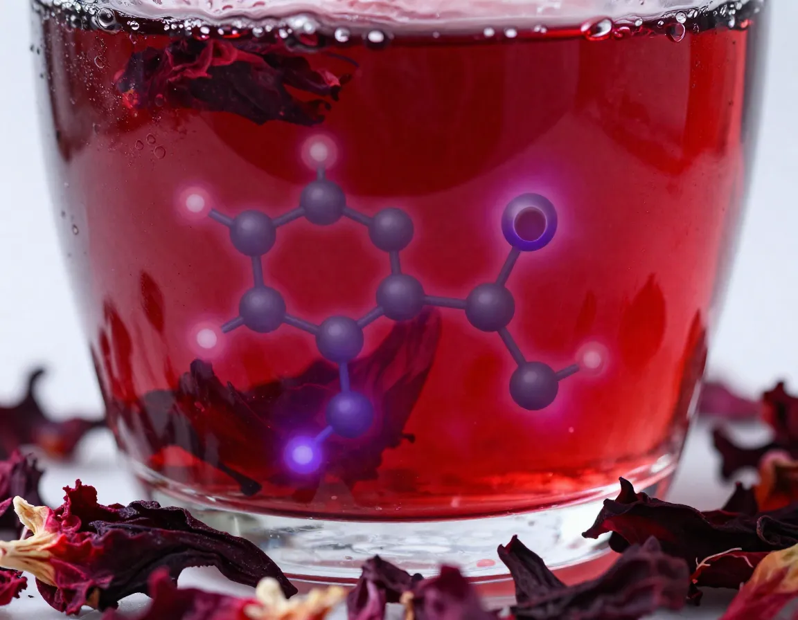 Vivid hibiscus tea anthocyanin antioxidant molecular structure visualization
