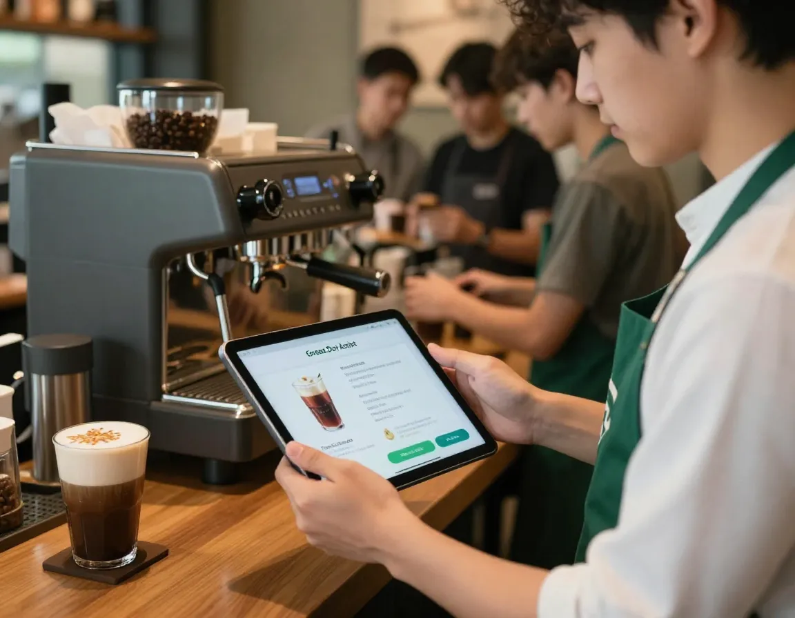 Barista using ai tablet green dot assist for drink recipe guidance