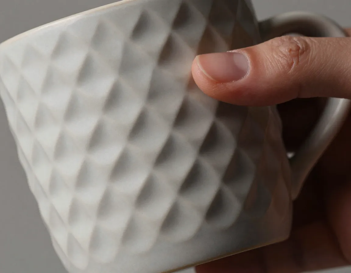Geometric patterned tactile ceramic mug with soft touch coating