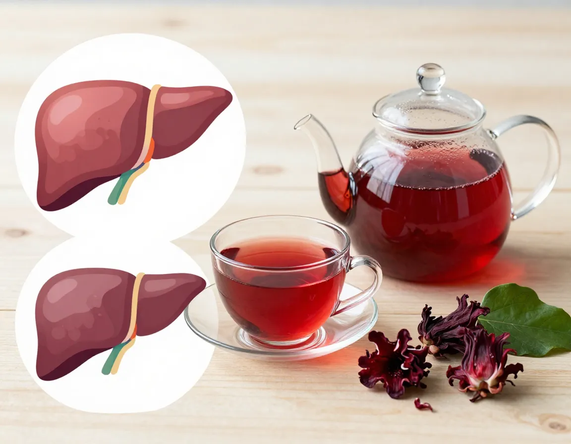 Healthy liver visualization with hibiscus tea reducing fatty deposits