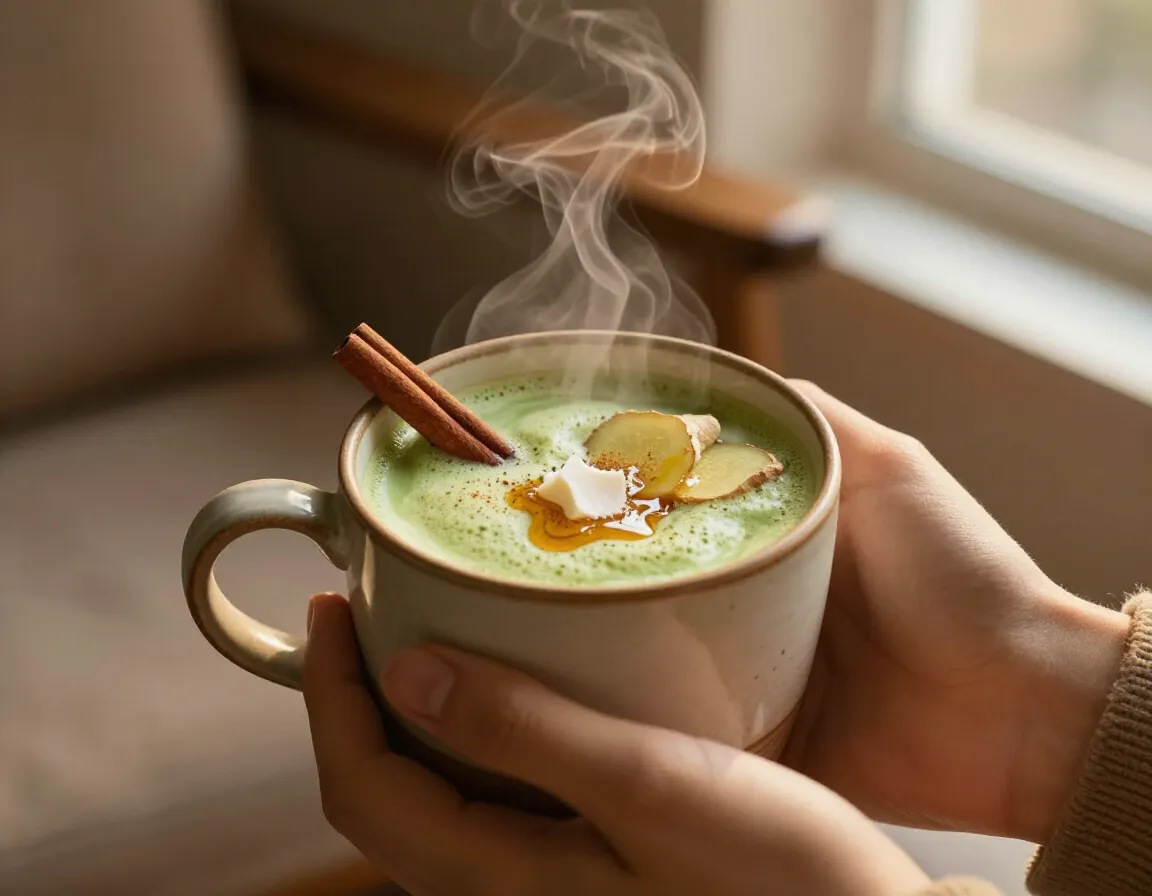 Steaming hot matcha coffee toddy in a ceramic mug with spices