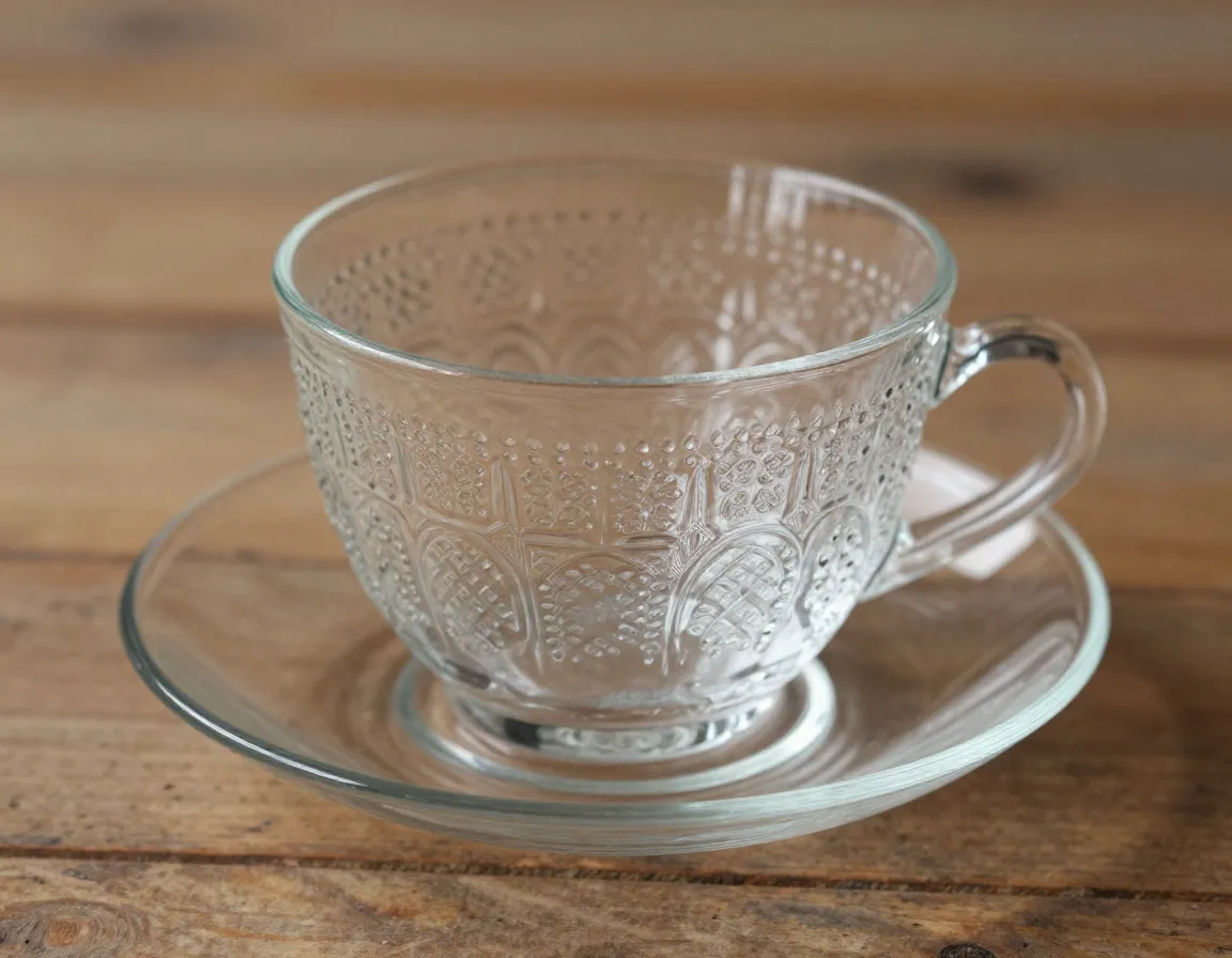 Vintage inspired pressed glass teacup with textured pattern
