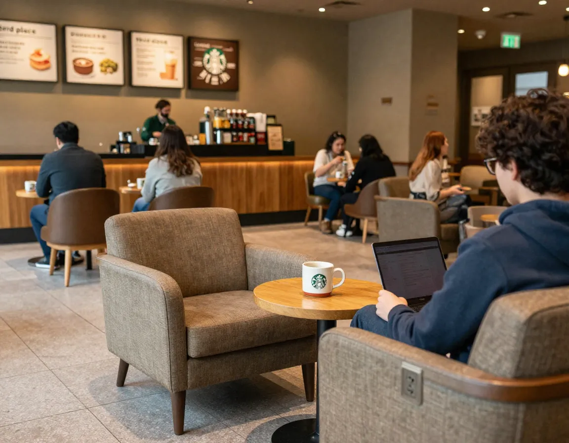 Customer sitting comfortably at restored cafe seating with ceramic mug