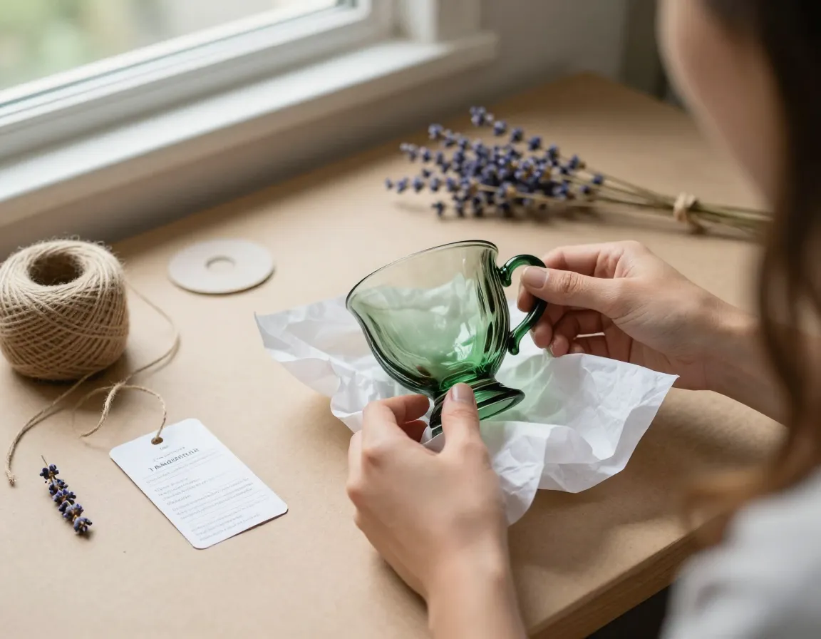 Etsy seller packaging a vintage jadeite green glass teacup
