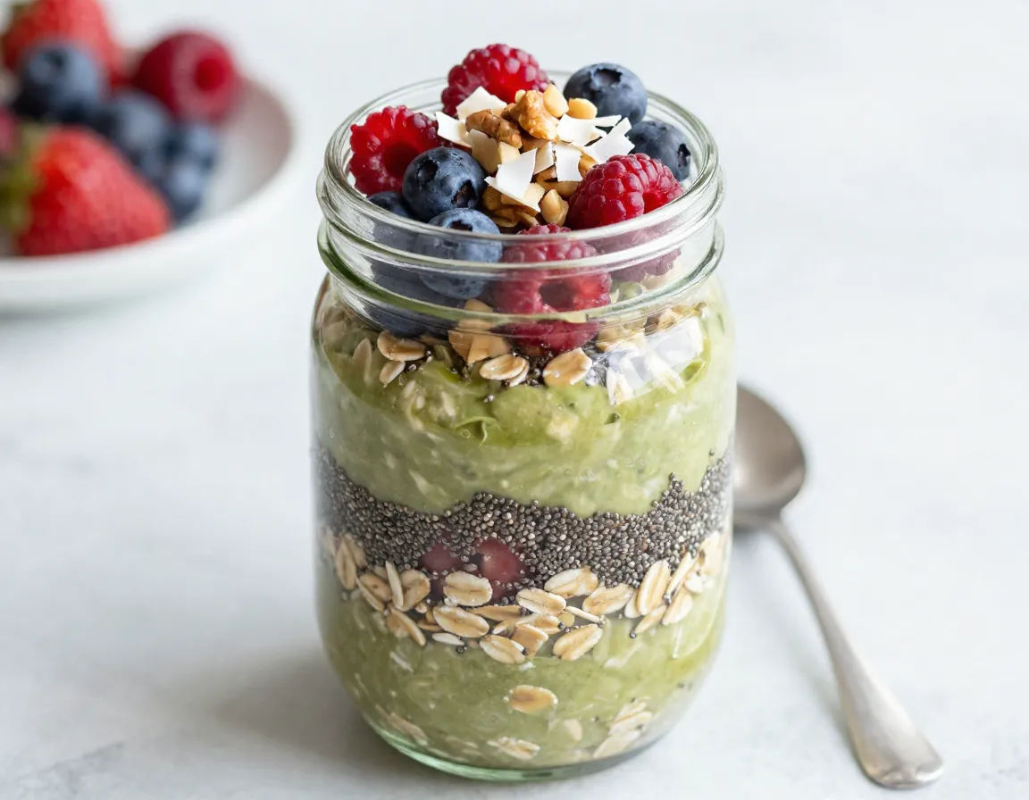 Jar of matcha coffee overnight oats with berry and nut toppings