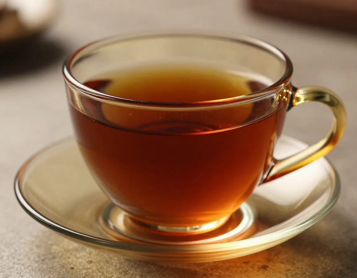 Colored tint glass teacup with amber hue filled with black tea