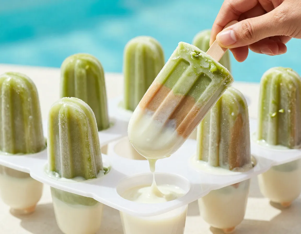 Frozen matcha coffee popsicle being pulled from its mold on a hot day