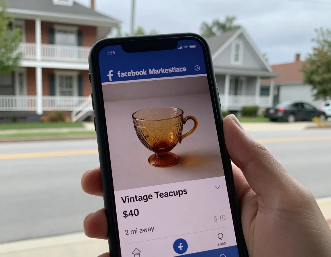 Smartphone displaying facebook marketplace local teacup listing