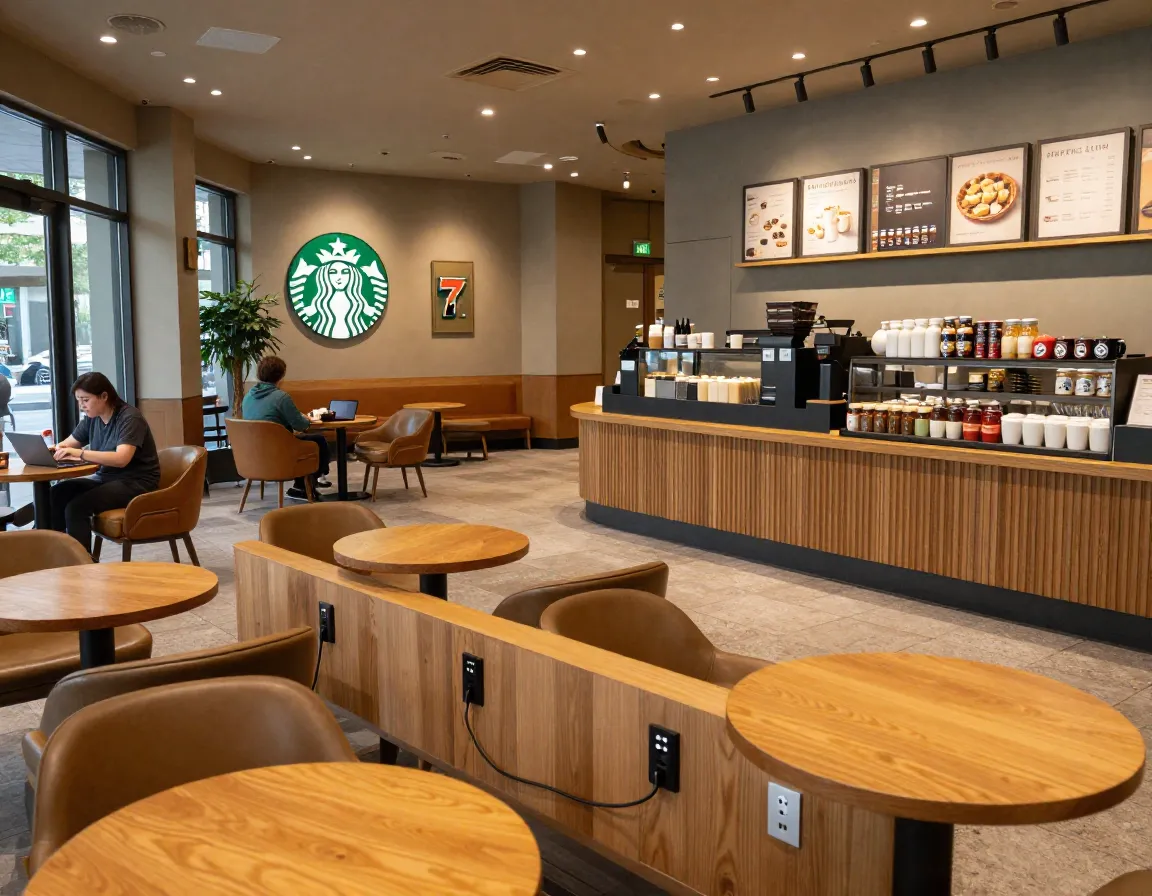 Starbucks cafe interior with restored seating outlets and condiment bar