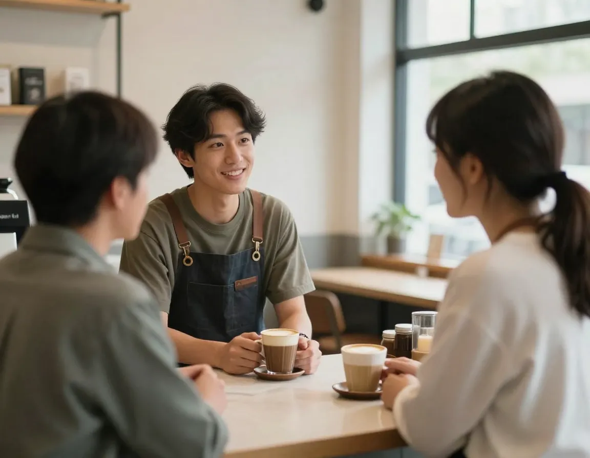 Barista engaged in conversation with customer during off peak hours
