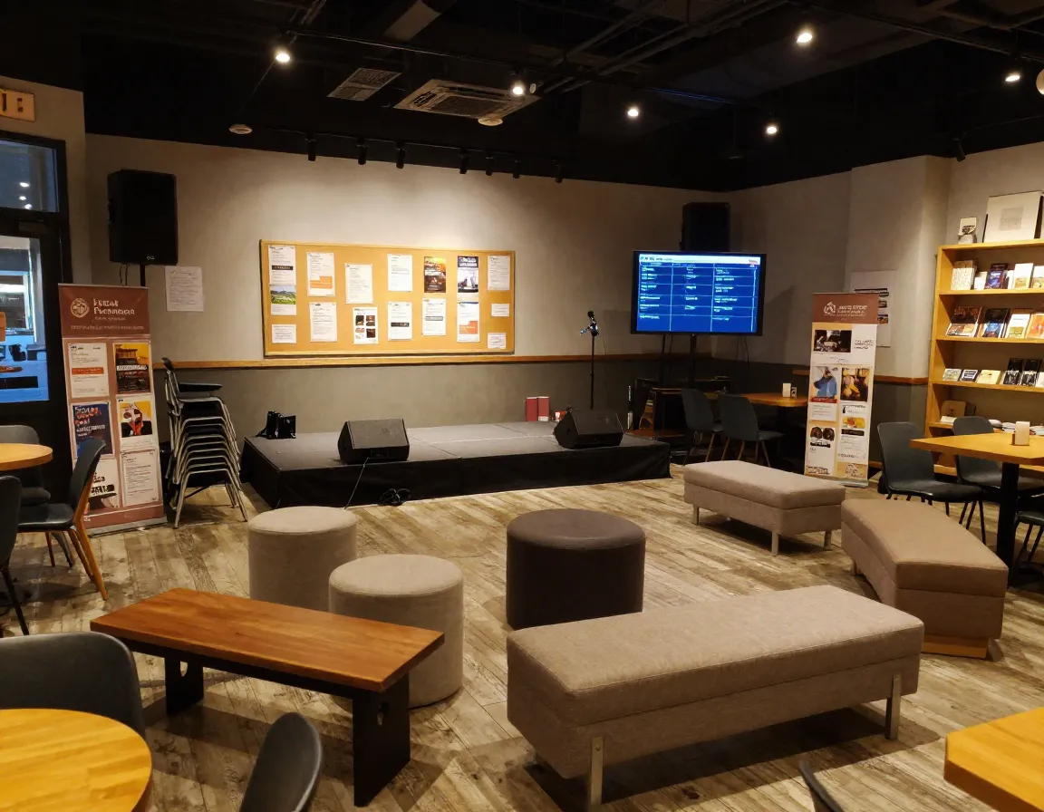 Community event hub with small stage flexible seating and audio visual equipment