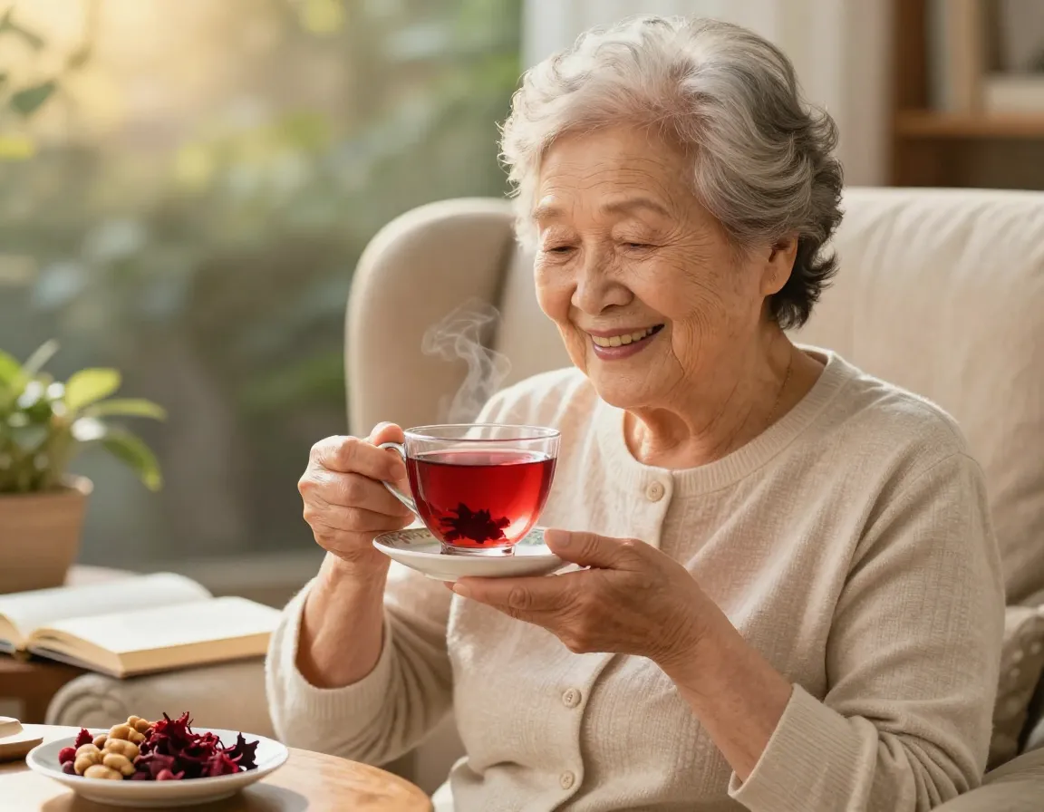 Longevity anti aging cup of hibiscus tea with vibrant elderly person