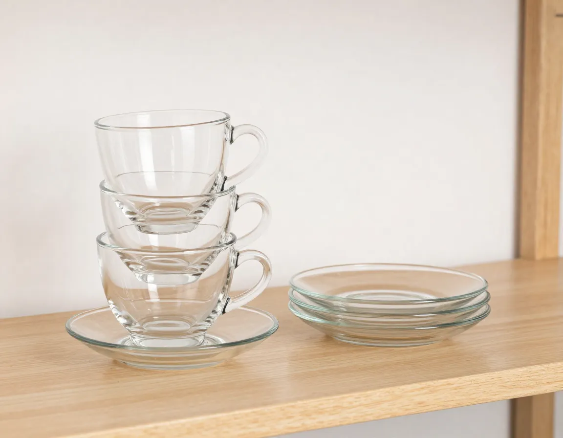 Stackable clear glass teacups nested inside each other for storage
