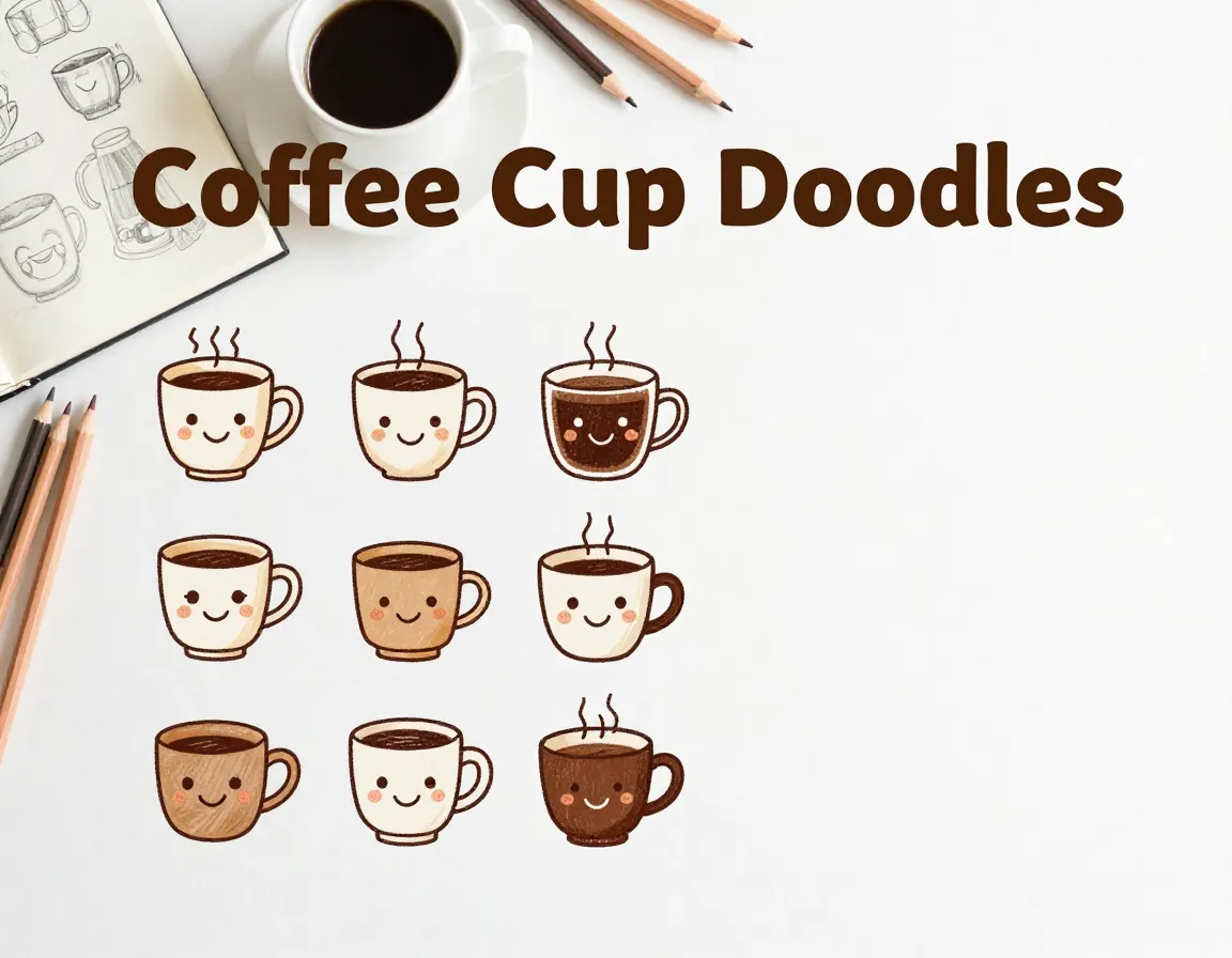 Eight coffee cup doodle characters flat lay illustration