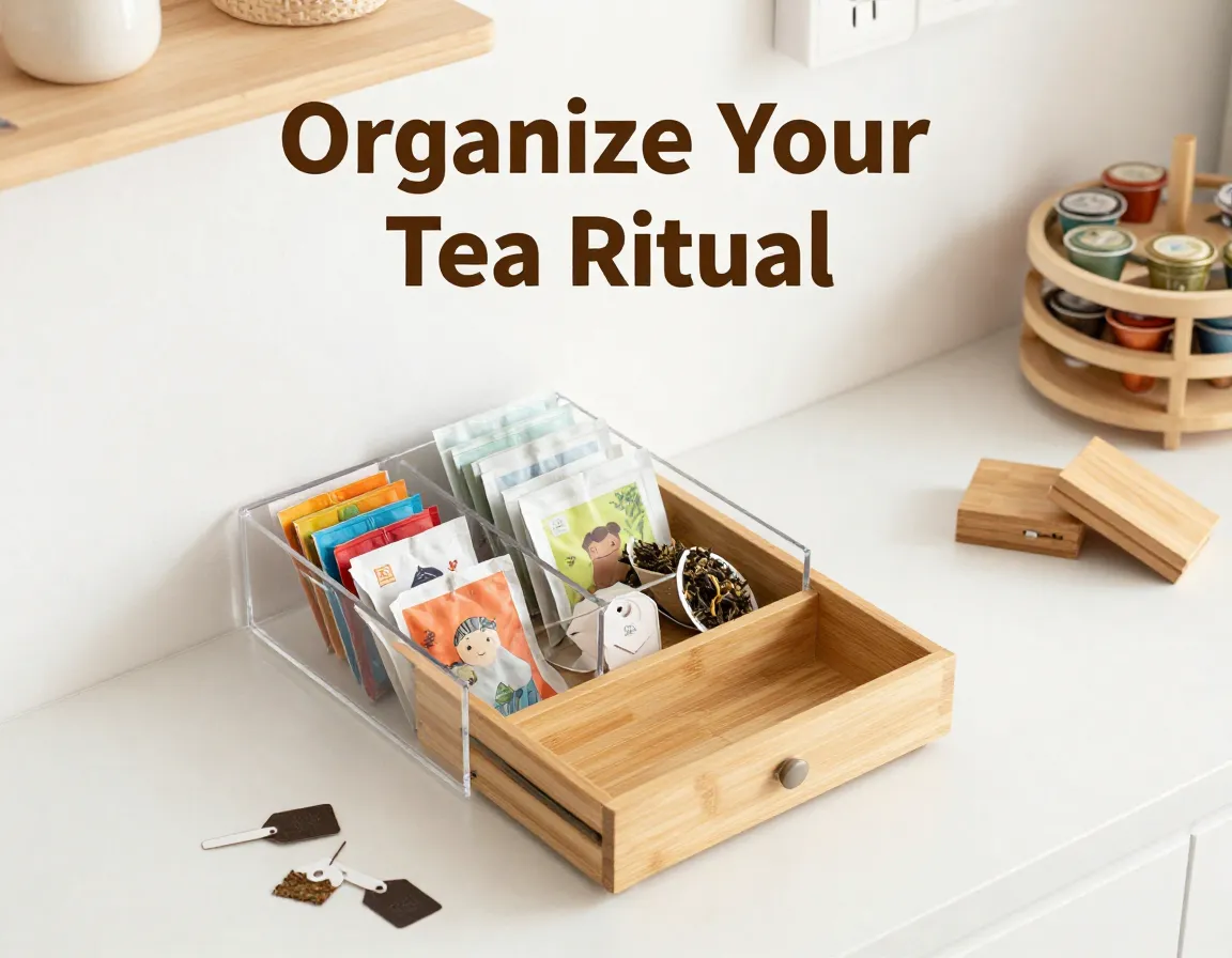 Eight tea organizers flat lay countertop declutter storage