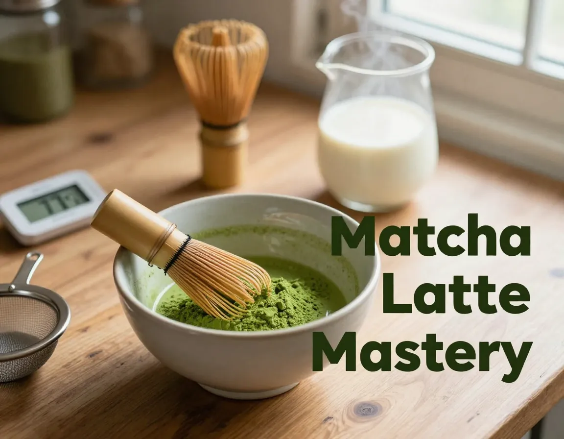 Matcha latte preparation ceremonial tools overhead
