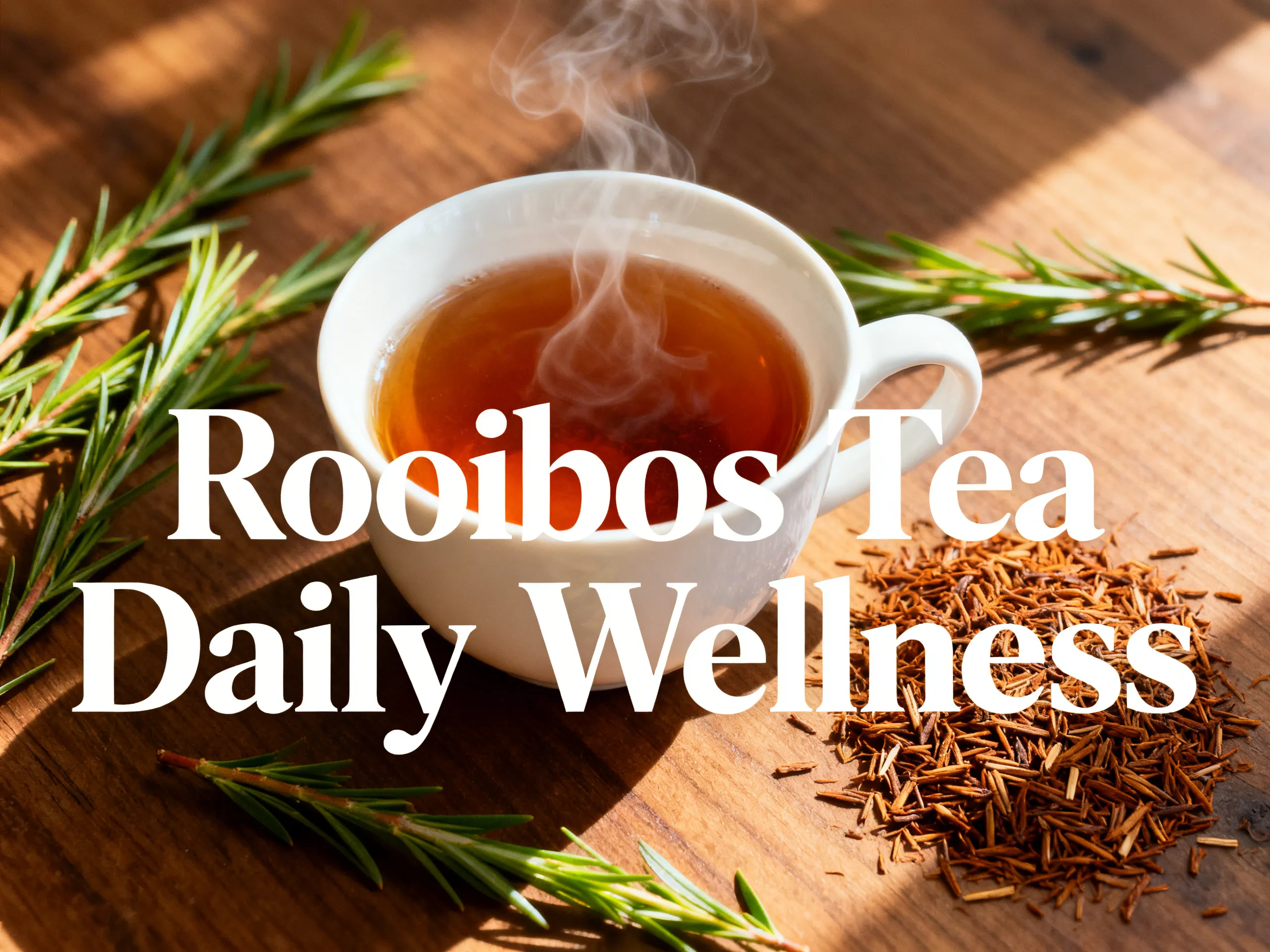 Steaming rooibos tea cup fresh leaves wooden table wellness