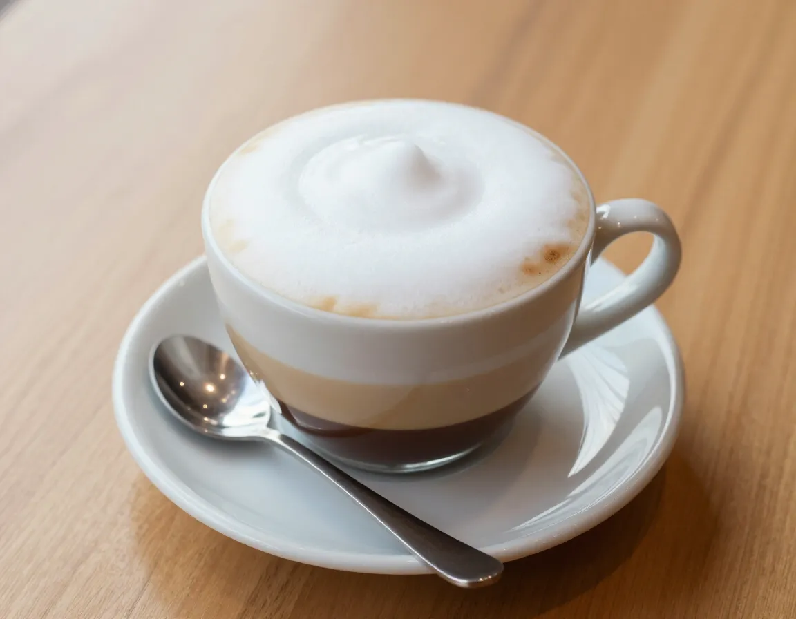 Cappuccino in a small ceramic cup with equal distinct layers of espresso milk and foam