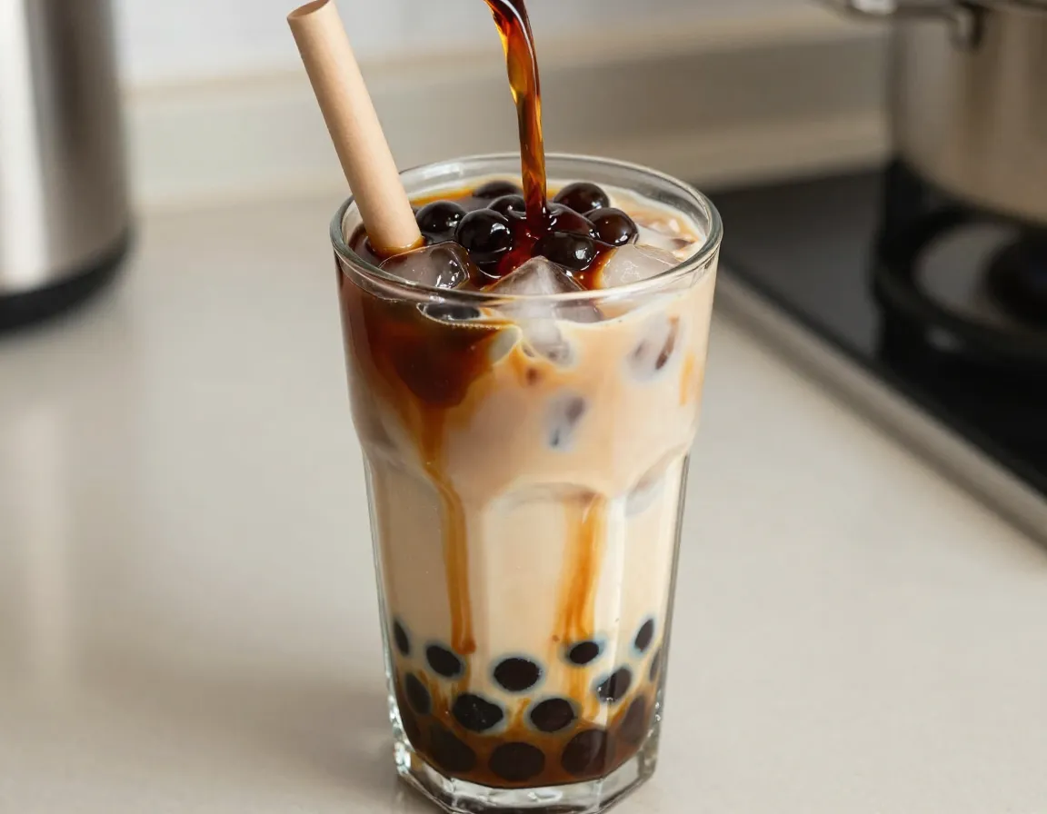 Classic brown sugar milk tea with traditional tapioca pearls