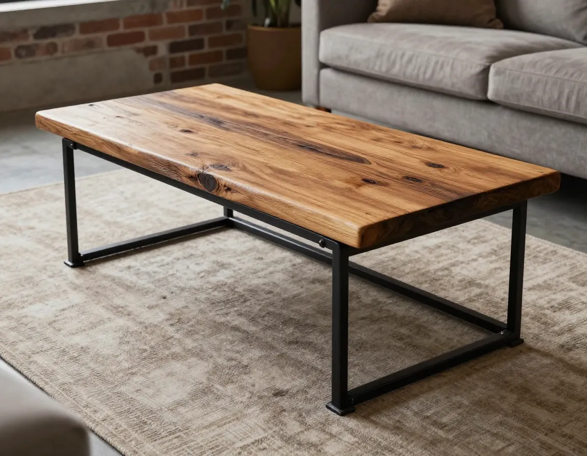 Reclaimed wood and black iron classic coffee table in a living room