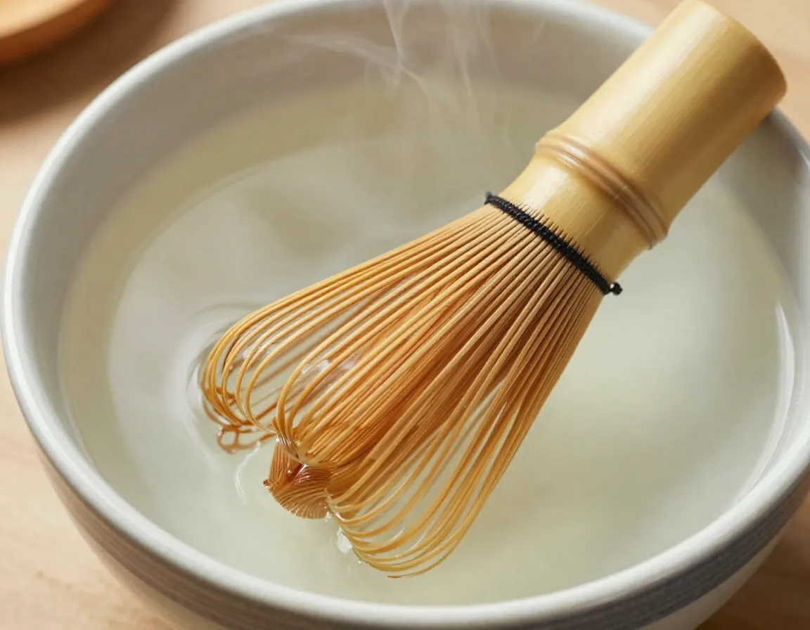 Soaking bamboo whisk in bowl of hot water for preparation