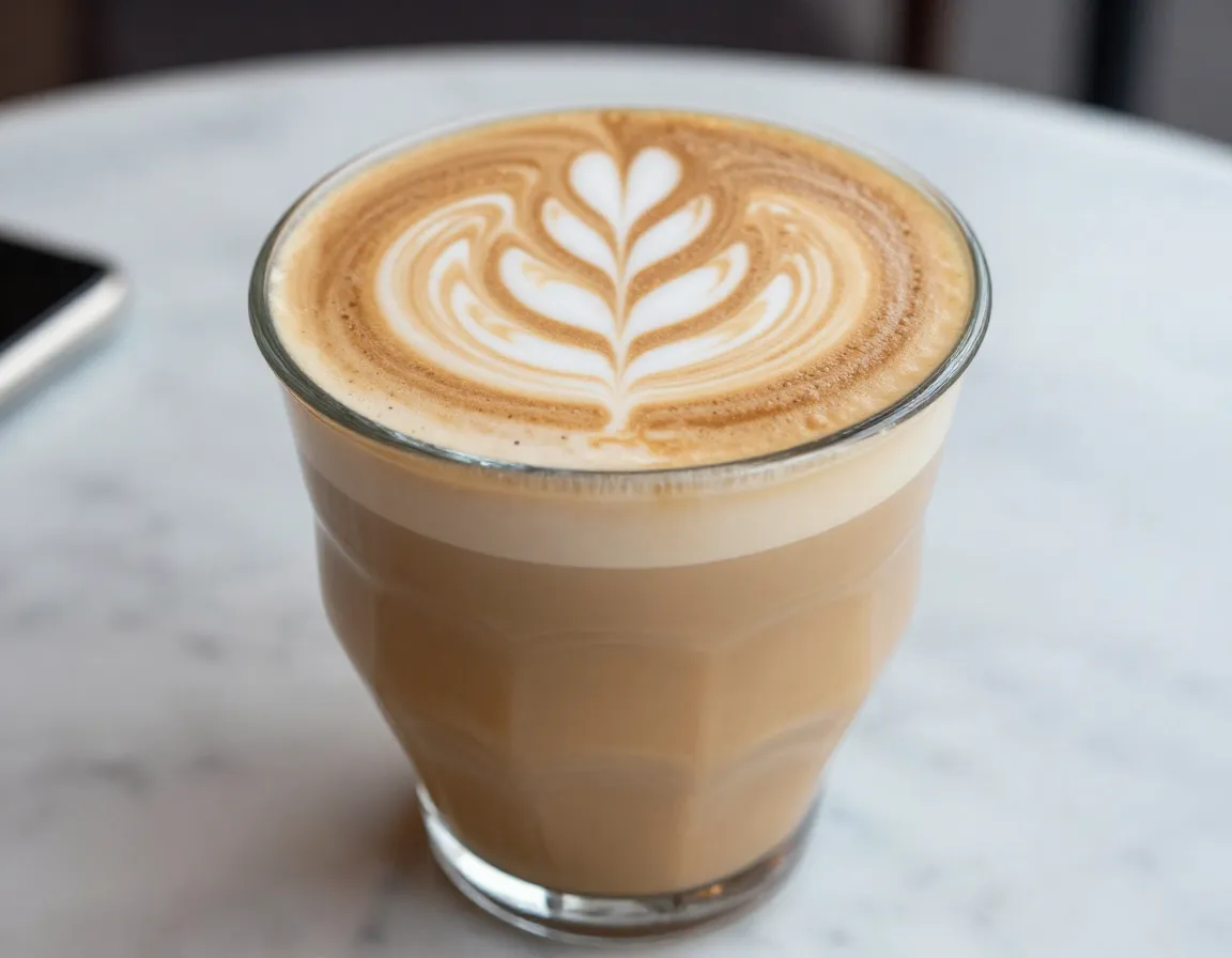 Latte in a large clear glass with seamless microfoam and a rosetta latte art design