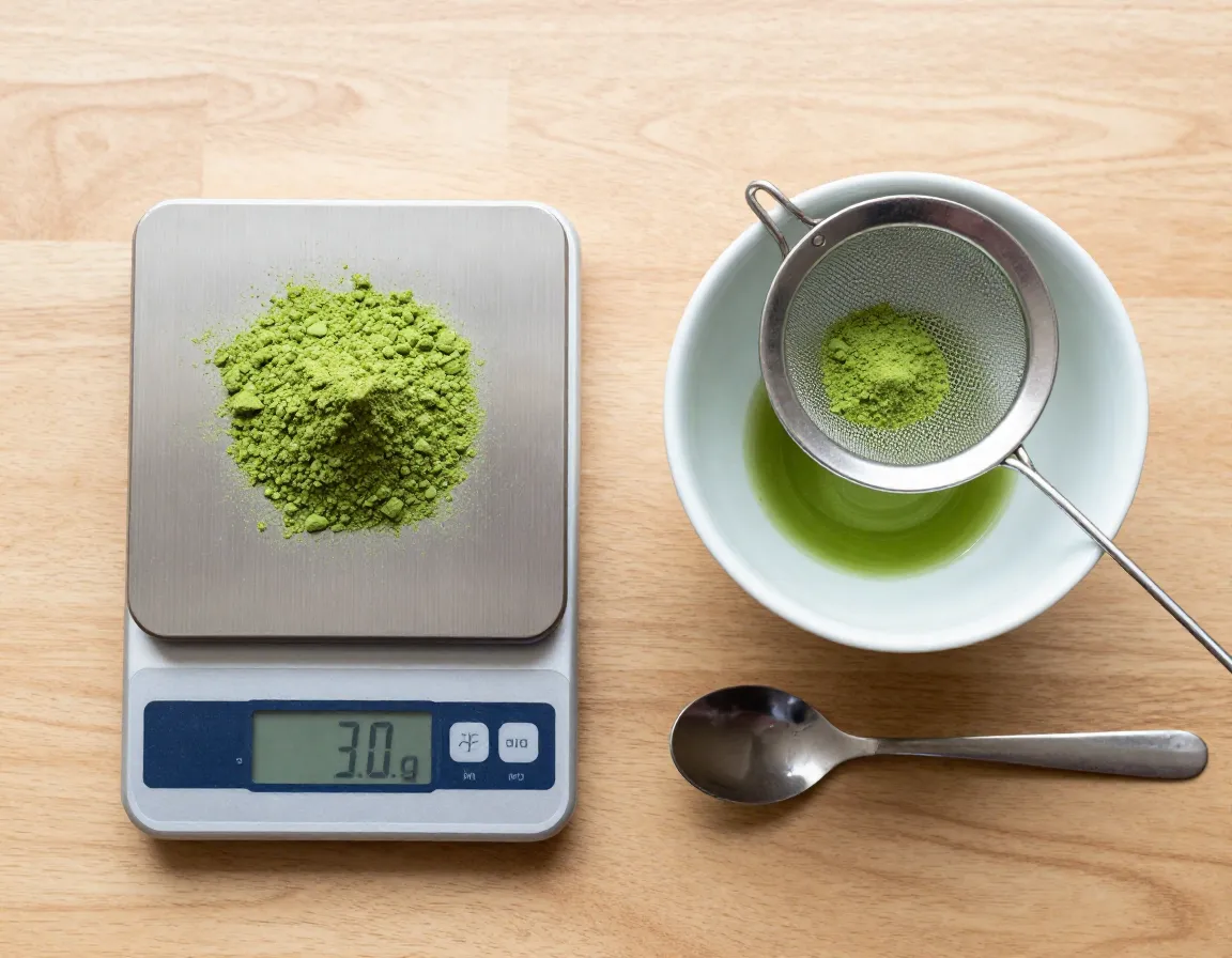 Measuring and sifting ceremonial grade matcha powder with scale