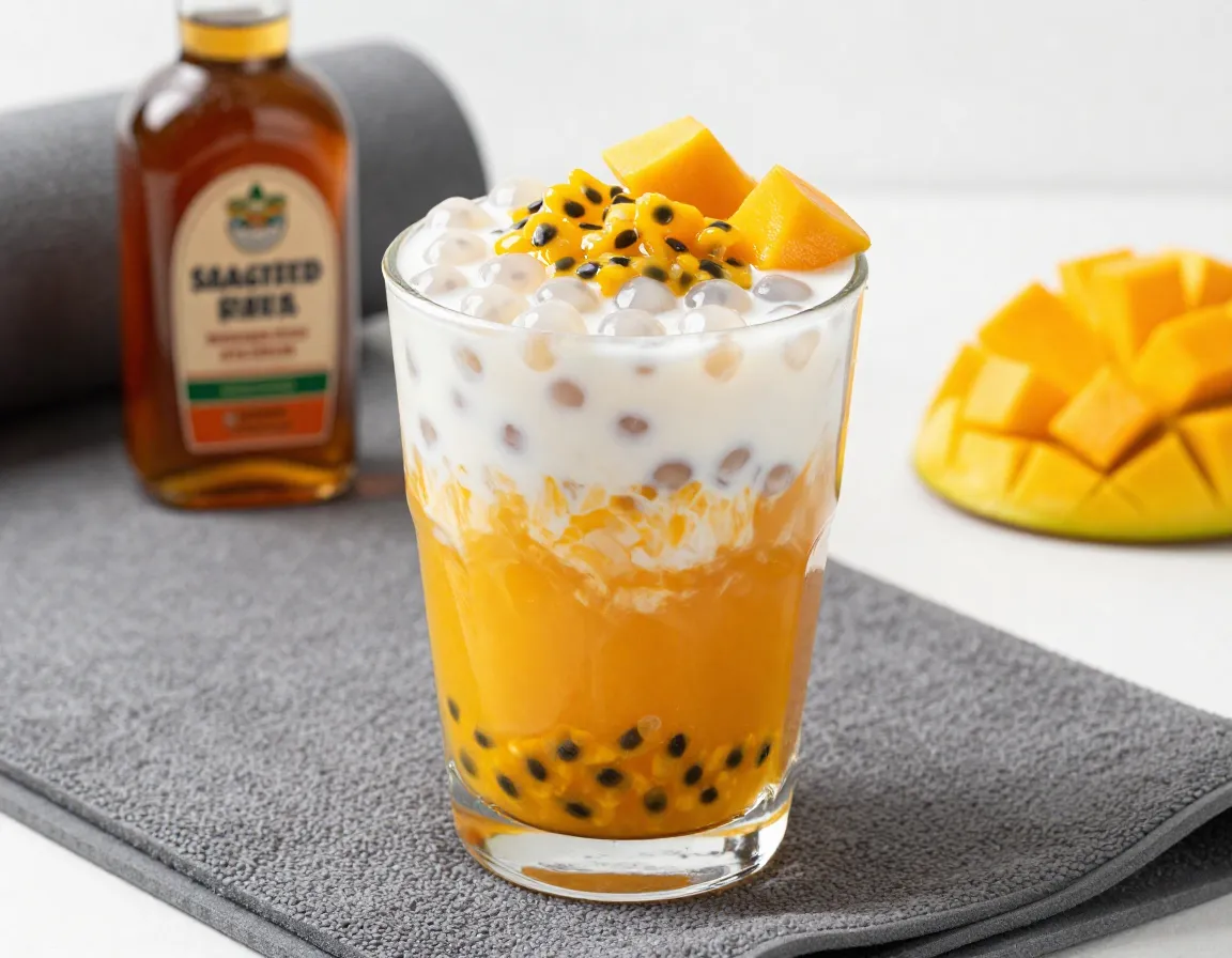 Protein enriched mango passion fruit boba