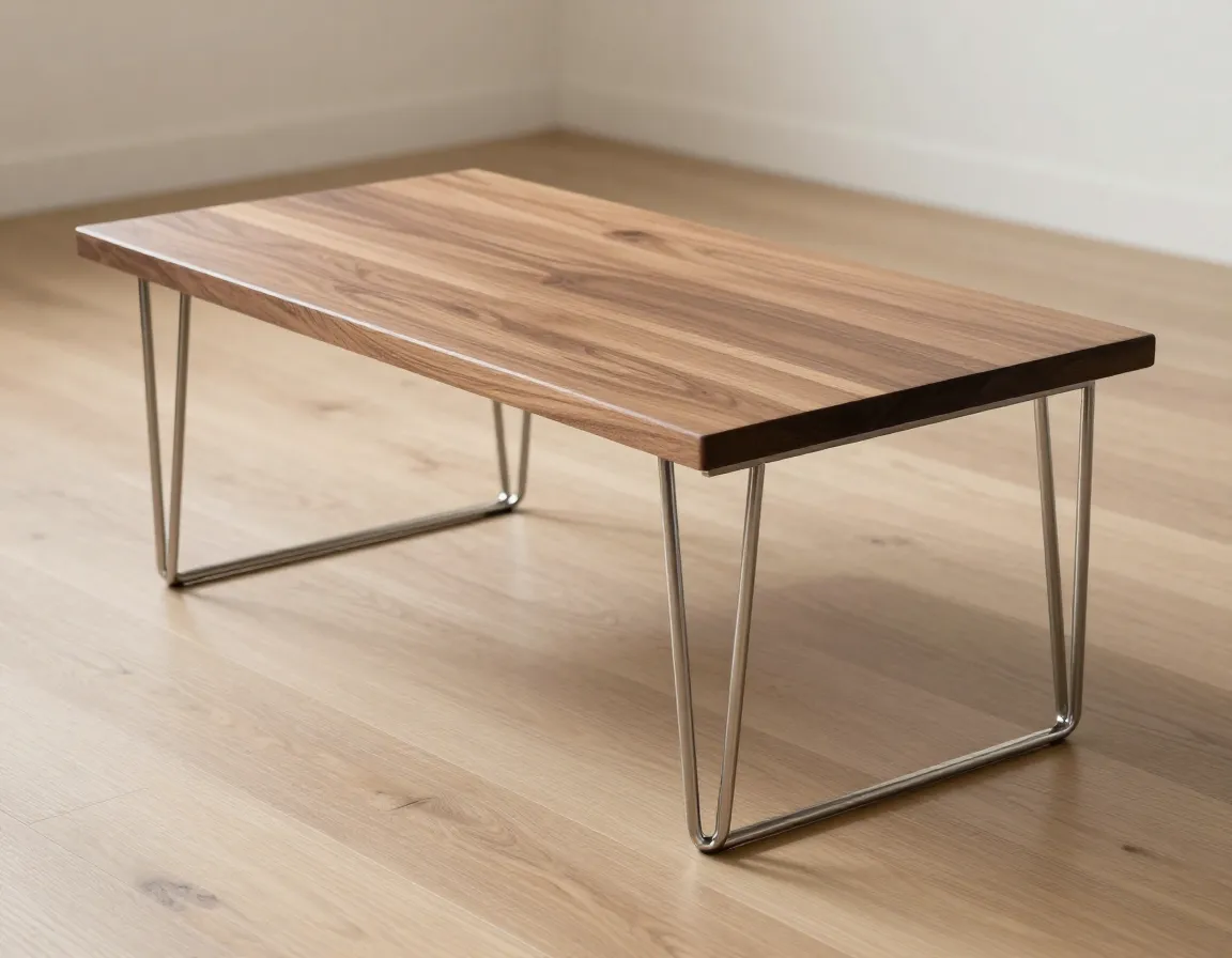 Stainless steel and walnut minimalist coffee table with hairpin legs