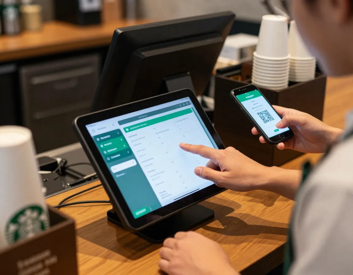 Barista efficiently processing a mobile order payment on a digital tablet