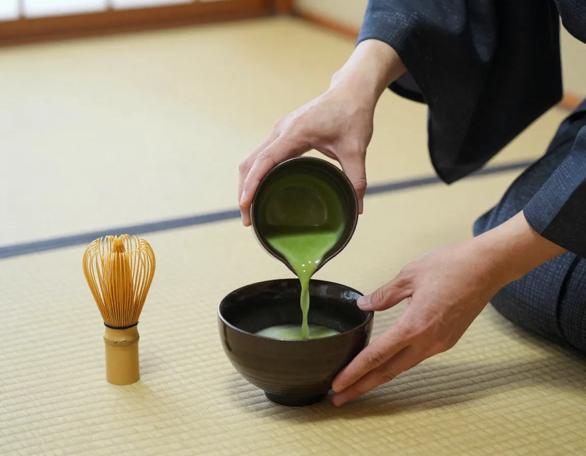 Japanese tea ceremony master pouring matcha into bowl