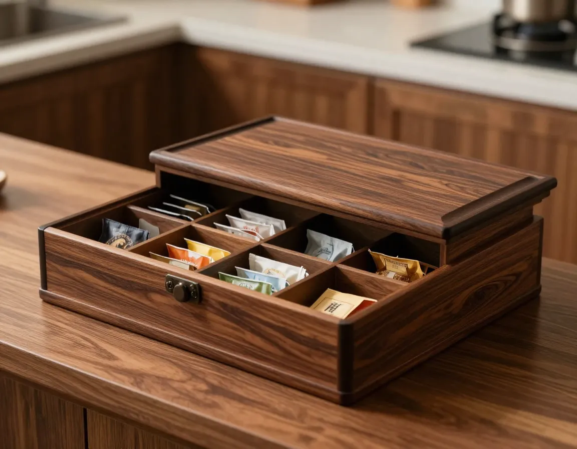 Traditional wooden tea box with hinged lid and internal compartments on counter