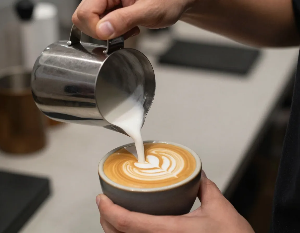 A baristas hands pouring microfoam for latte art into a ceramic cup