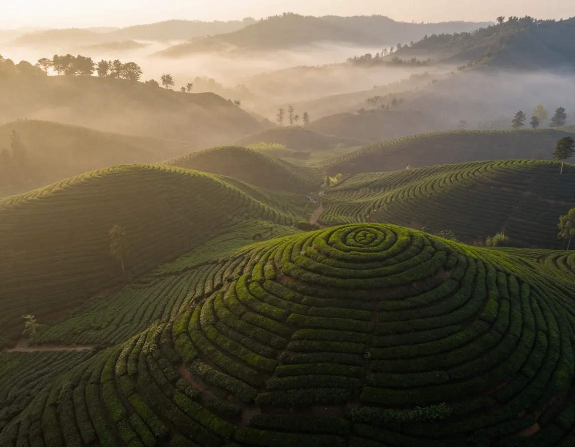 Aerial view of geometric tea plantation rows in morning mist