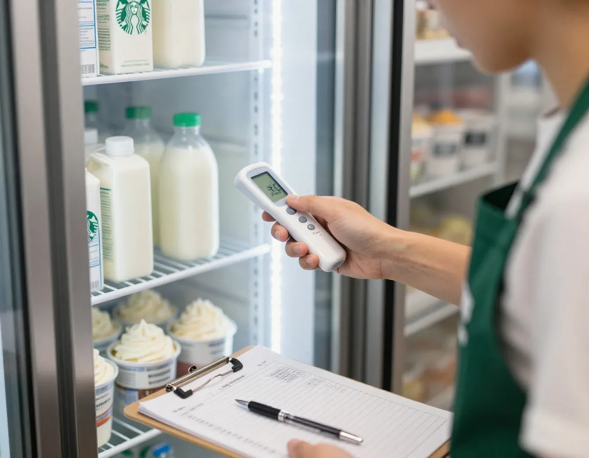 Barista checking refrigerator temperatures with a digital thermometer