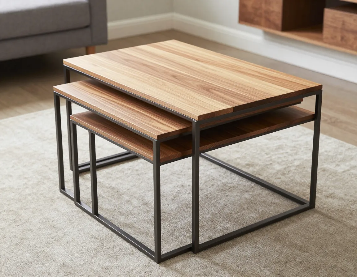 Nesting coffee tables with mixed materials in a modern home