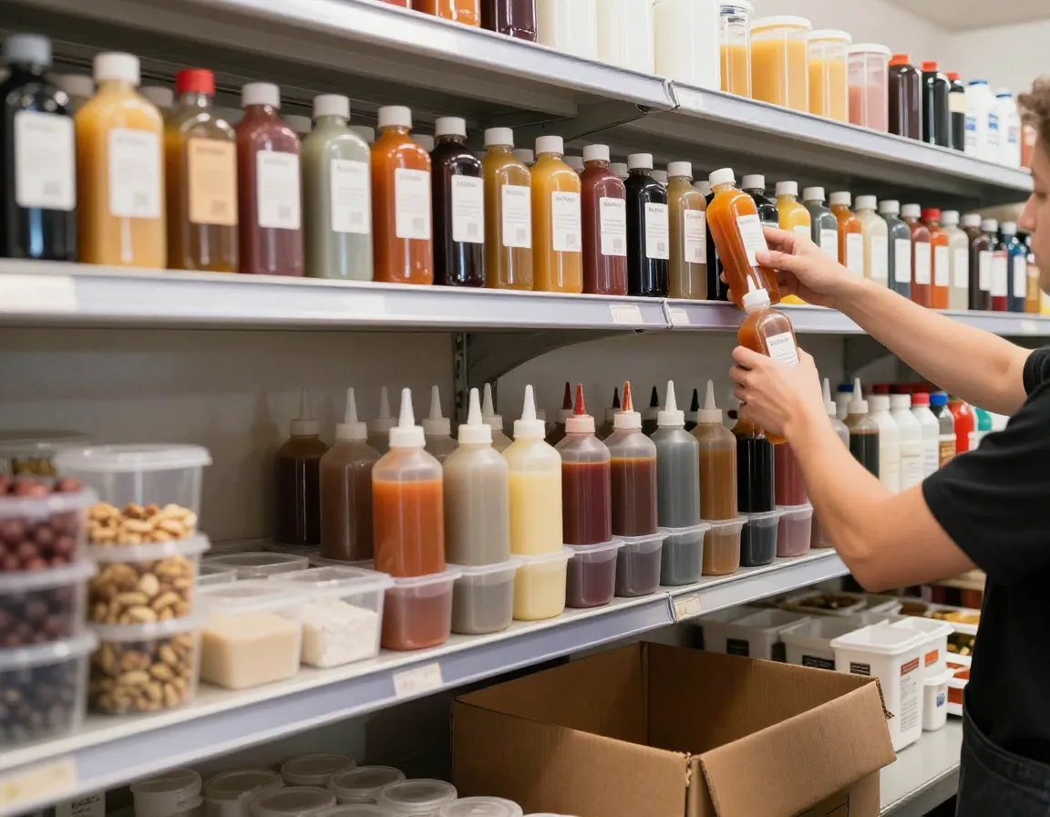 Organized barista restocking syrup bottles on a clean backbar shelf