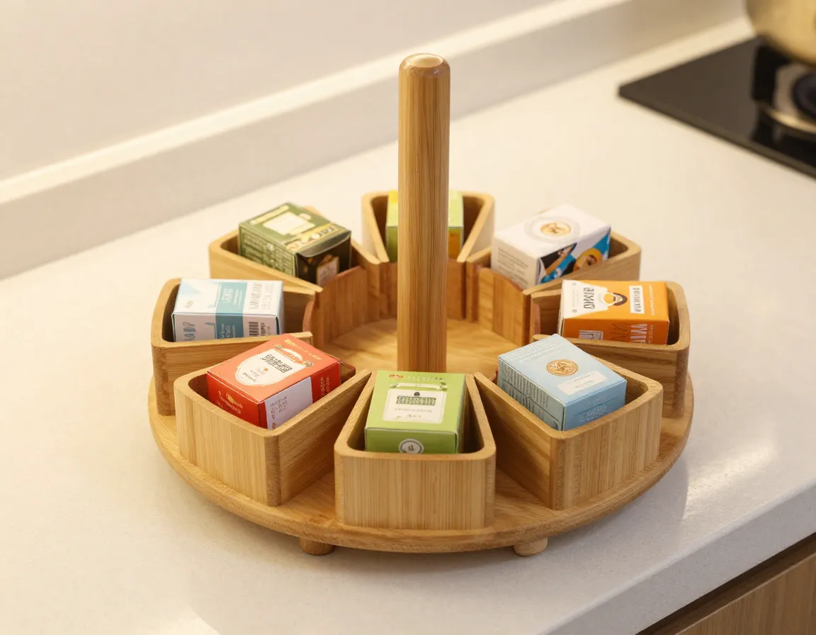 Rotating carousel tea caddy with multiple compartments on a kitchen counter