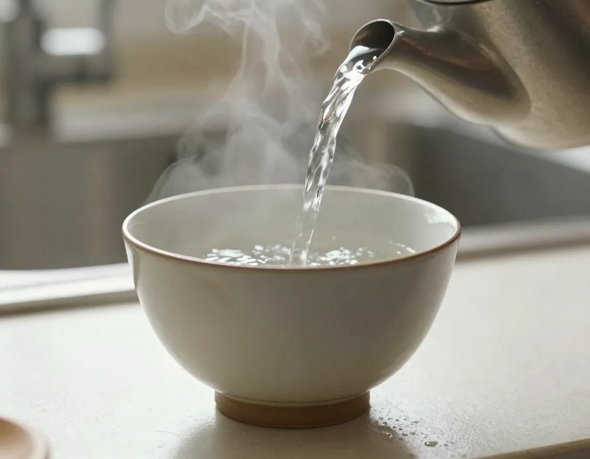 Warming a wide ceramic serving cup with hot water before use