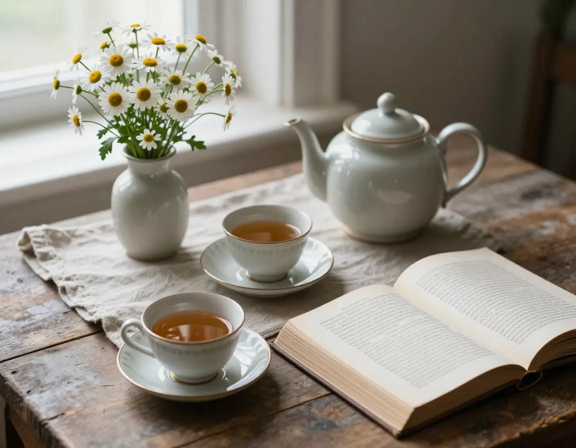 Artistic still life with vintage teapot flowers and open book