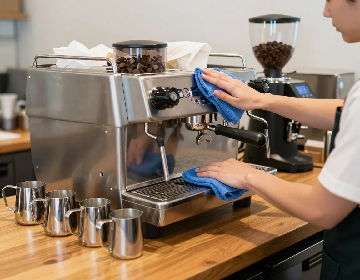 Barista wiping down a clean espresso machine and tidy counter space