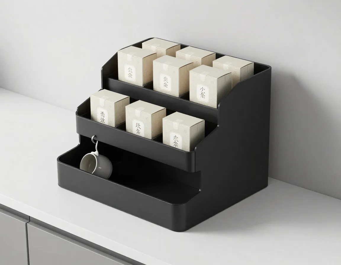 Black tiered countertop tea station with accessory storage on a counter
