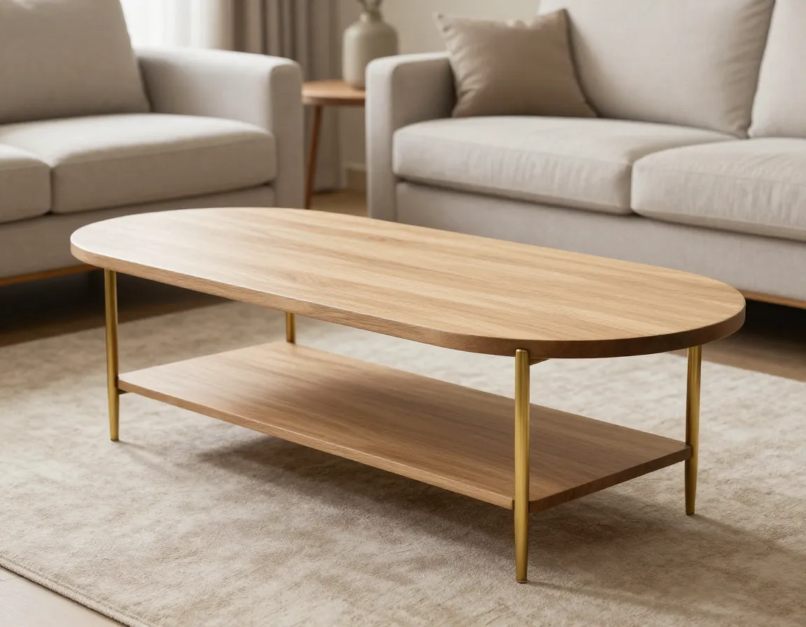 Brass accent and light oak contemporary coffee table