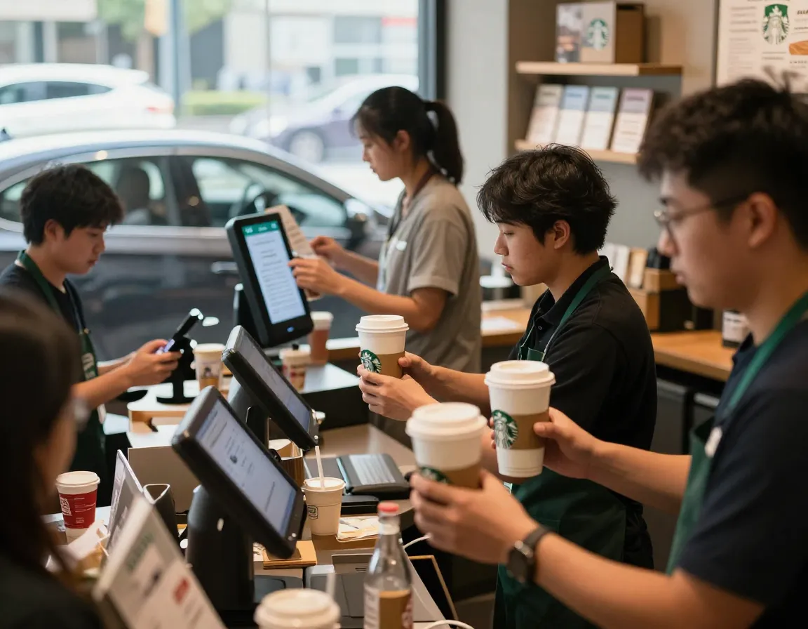Barista coordinating drive thru and mobile pickup orders during rush hour
