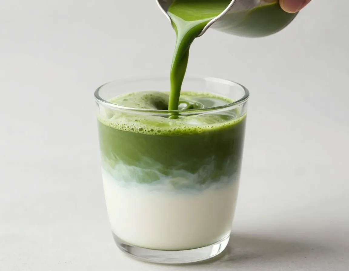 Layering green matcha over frothed oat milk in clear glass