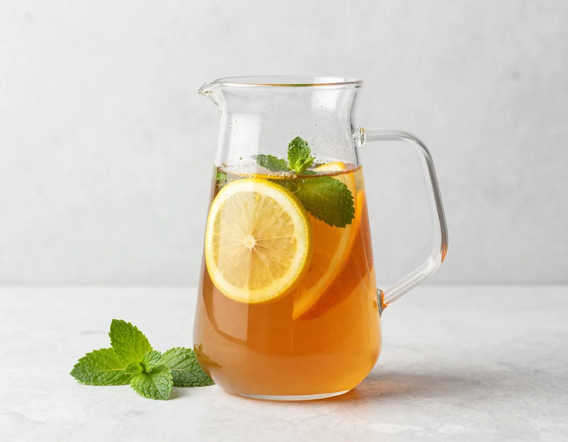 Modern glass pitcher of cold brew tea with citrus slices and mint