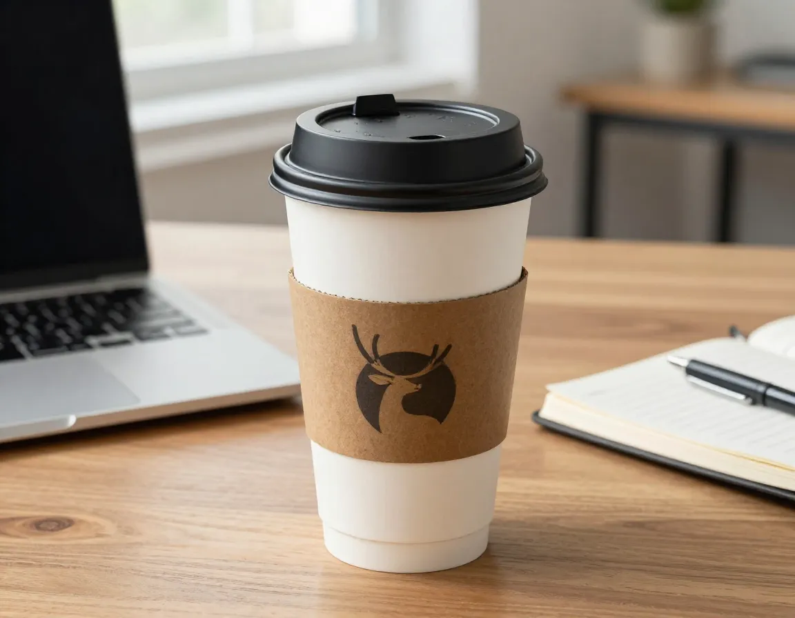 A takeaway latte in a large paper cup with a sipper lid on a desk